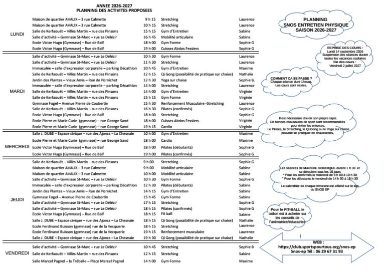 Planning 2026-2027 SNOS Entretien Physique